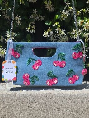Handcrafted Blue Cherry Beaded Crossbody Bag